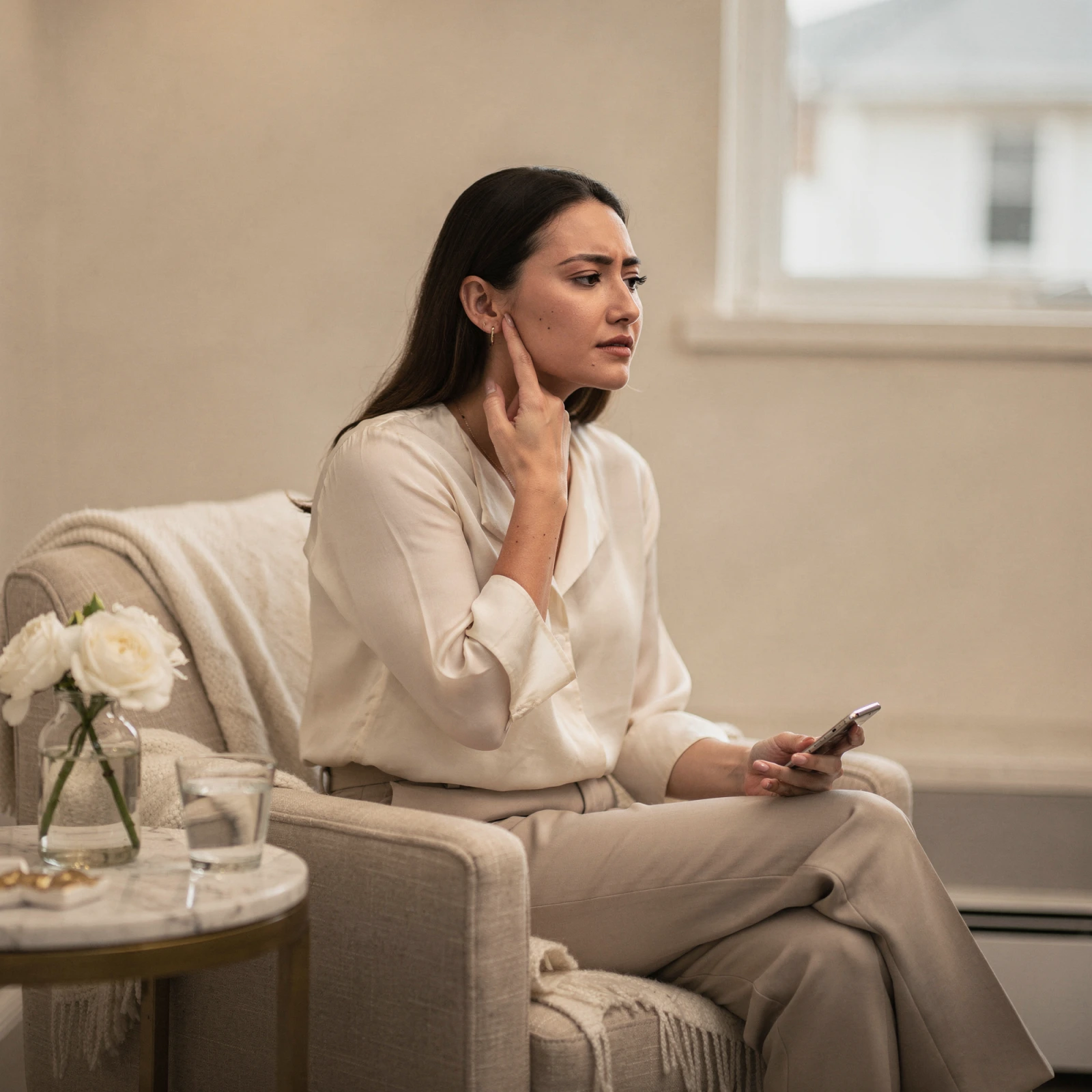 Woman holding her cheek in discomfort while sitting on a couch, holding a phone